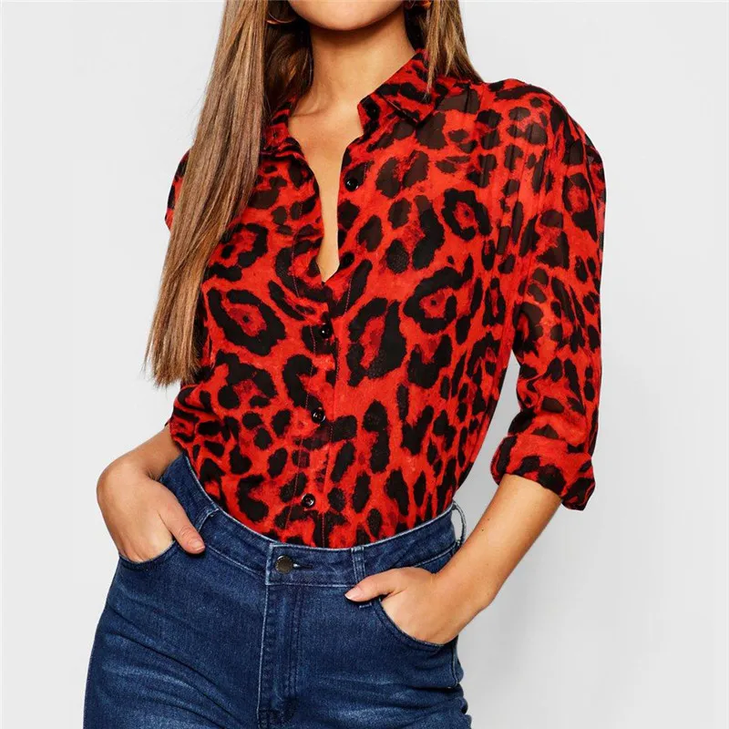 

Fashion Autumn Winter Womens Leopard Print Long Sleeve Tops and Blouses Loose OL Shirts V-Neck Party Blouse femininas red pink