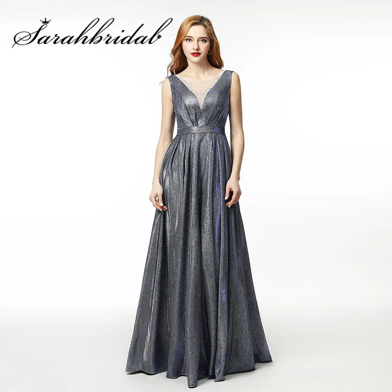 

Elegant Special Reflective Fabric Prom Dresses New Arrivals A-line Pleat Beaded Neck Backless Lace Up Evening Gown CC5313