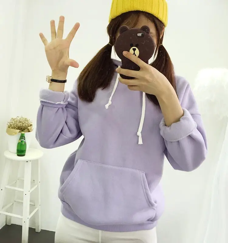 High Quality Sweatshirt Women Crewneck Solid Long Sleeve Warm Fleece Hoody Female Tumblr Bts Sweet Girl Hoodies Sweatshirts 2017 | Женская
