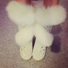 Настоящие сапоги на лисьем меху Для женщин s сапоги из натуральной кожи теплые зимние сапоги ручной работы Стразы зимняя обувь женские зимние ботинки