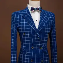 Новые синие смокинги для жениха белые полосатые двубортные 2 шт. мужские свадебные костюмы для выпускного бала Лучший мужской костюм Блейзер masculino