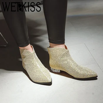

WETKISS Ankle Women Booties 2018 Pointed Toe Bling Pearl Short Plush Footwear Winter Female Boots Low Heels Women Shoes Black