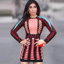 High Quality Orange Geometric Long Sleeve Weaving Mini Rayon Bandage Dress Evening Party Dress