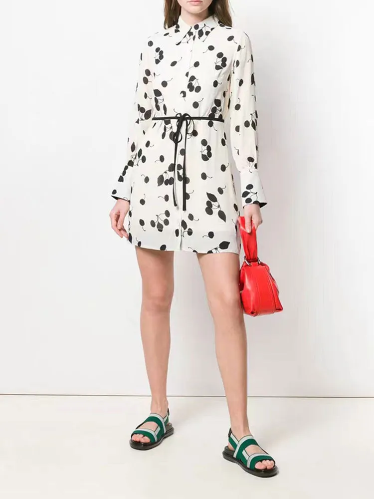 

Long Sleeve Shirt Dress Women Autumn Fashion Cherry Print Turn down Collar Blouse Dresses Ladies Short t shirt dress with belt