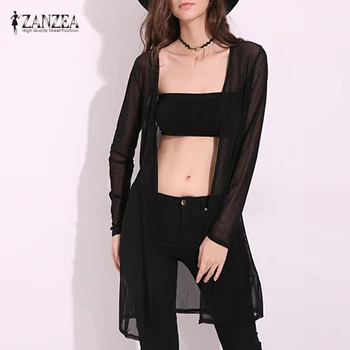 

ZANZEA Fashion 2020 Womens See Through Cardigans Long Sleeve Shirts Thin Outwear Black White Simple Tops Plus Size S-5XL