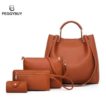 

4pcs/set PU Leather Women Bags Casual Handbags Vintage Shoulder Bag Large Capacity Wallet Solid Color Card Holder Clutch
