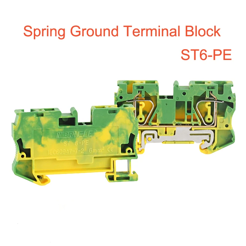 

Spring Ground Terminal Blocks ST6-PE din rail yellow green earthing terminals block wire cable grounding connector 6mm2 bornier