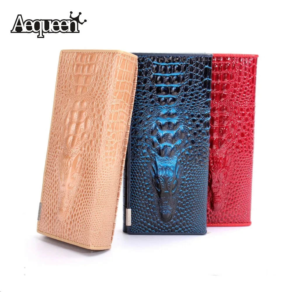  Genuine Leather Women 3D Crocodile Grain Long Wallets Embossed Design Draw-out Type Wallet Clutch Purses Carteira Unisex 