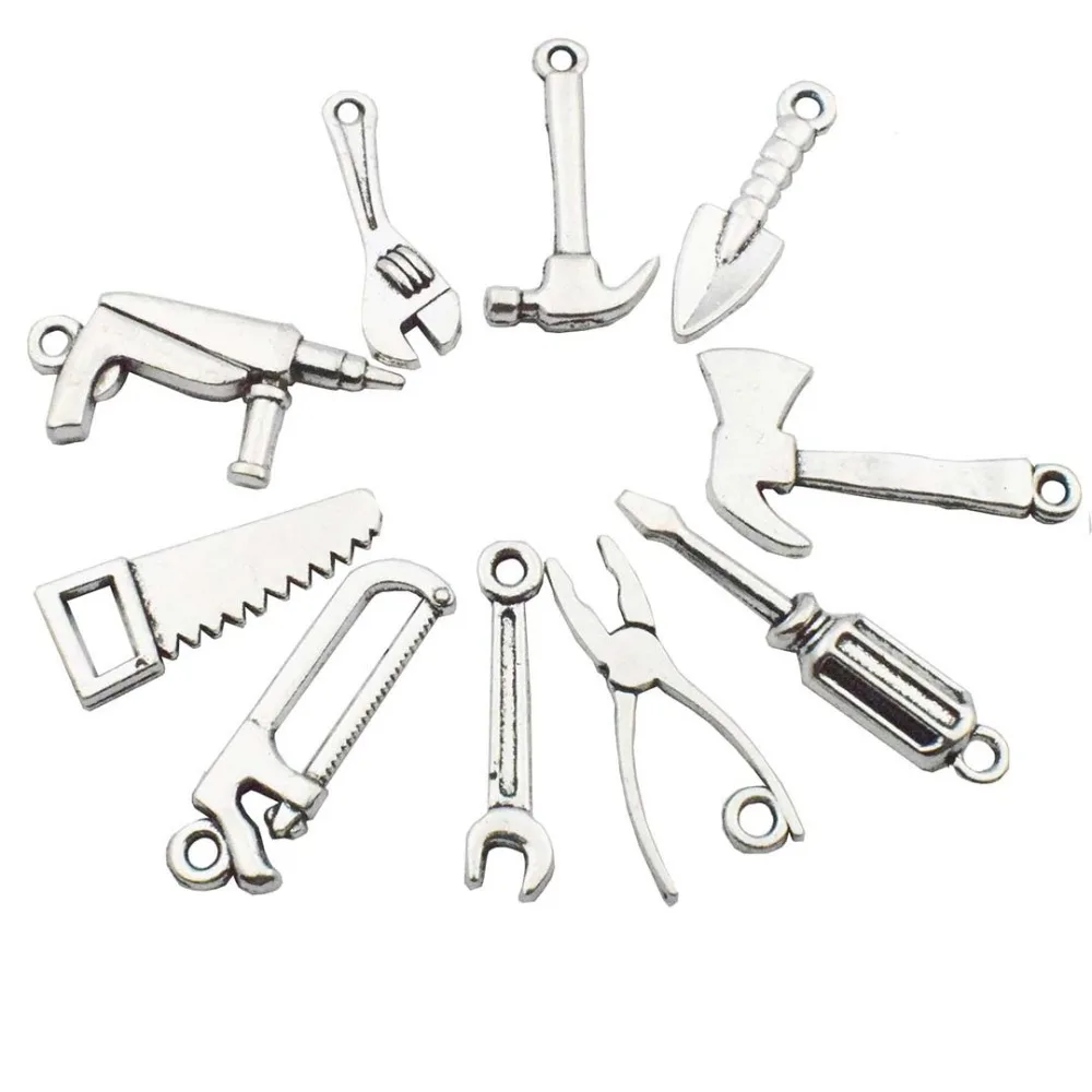 

48 Pcs High quality Antique Silver Tone 10 Kinds Mix 3D Tool Charm Collection Hammer For Jewelry Making DIY Necklace Bracelet