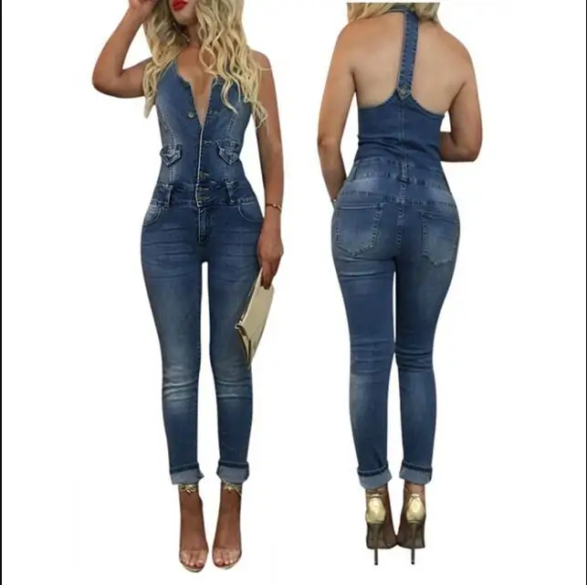 

2019 Fashion Stylist Style High quality women's Sexy sleeveless back hollow out Cowboy jumpsuits hip hop Punk Style jumpsuits