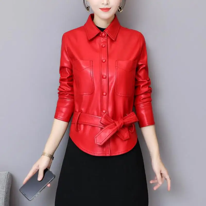 2019 New Women Short Genuine Leather Jacket Lady Spring Vintage Solid Turn-down Collar Single Breasted Slim Plus Size Coat
