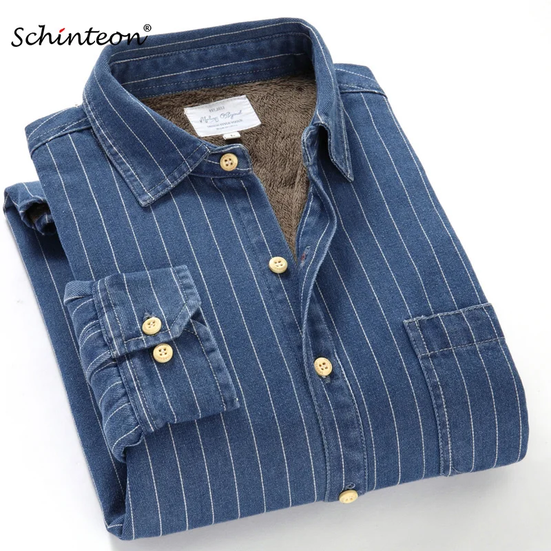 

2018 Brand New Winter Denim Striped Shirt 100% Cotton Long Sleeves Casual Simple Comfortable Warm Bottoming Shirt