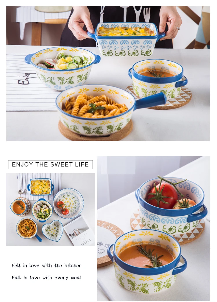Синяя прямоугольная креативная ручная роспись керамическая посуда для выпечки круглая Шу фу лей миска для жареного сыра креативная запеченная тарелка для риса
