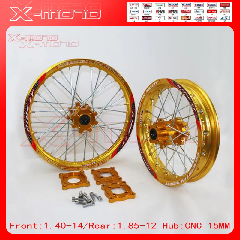 15mm Front 1.60-14" Rear 1.85-12" Alloy Wheel Rim CNC Hub For KAYO HR-160cc TY150CC Dirt / Pit bike 12 14 inch Gold wheel