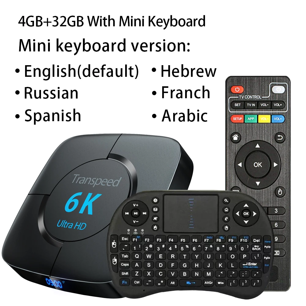 Transpeed Android 9,0 телевизионная коробка с Bluetooth Google голосовой помощник Youtube 6K 3D Wifi 2,4G& 5,8G 4GB ram 64G Play Store Top Box - Цвет: 32G With keyboard