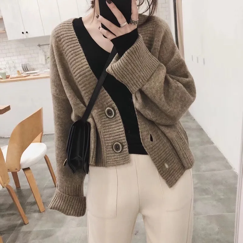 

Cropped Cardigans Sweaters Female With Button Solid Short Sweater Mujer V Neck Long Sleeve Sweater Women Loose Knitted Cardigans