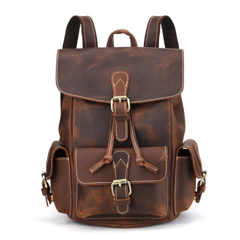 Мужские рюкзаки из натуральной кожи, винтажный рюкзак из воловьей кожи для мужчин, повседневные однотонные качественные кожаные Сумки Crazy Horse