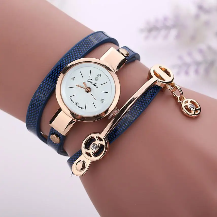 Лидер продаж модные повседневные шикарные женские кварцевые наручные часы с браслетом из искусственной кожи с бусинами в виде листьев женские часы Relogio Feminino