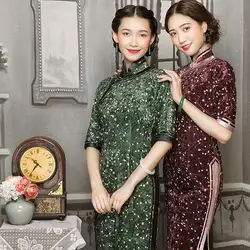 Видеть оранжевый glitziest Винтаж красный/зеленый велюр с длинным Ципао китайское платье Ципао so0175