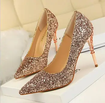 

European and American style fashion sexy high heel women's shoes metal carved with crystal shoes pointed sequins single shoes