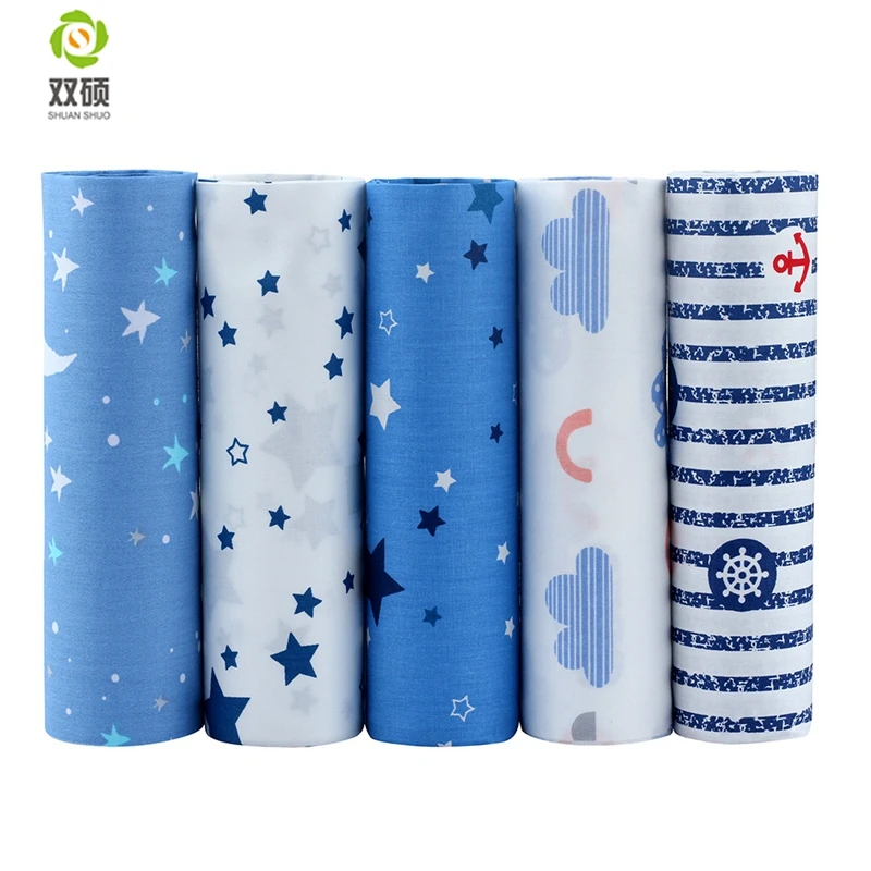 Shuanshu Twill Cotton Fabric Patchwork Cartoon Bule Tissue Cloth DIY Sewing Quilting Fat Quarters Material For Children 5pcs/lot