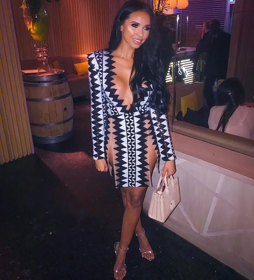 

Black with White Color Ladies Long Sleeve Sexy V-Neck Bodycon Mini Dress Sequines Sexy Celebrity Red Carpet Dress