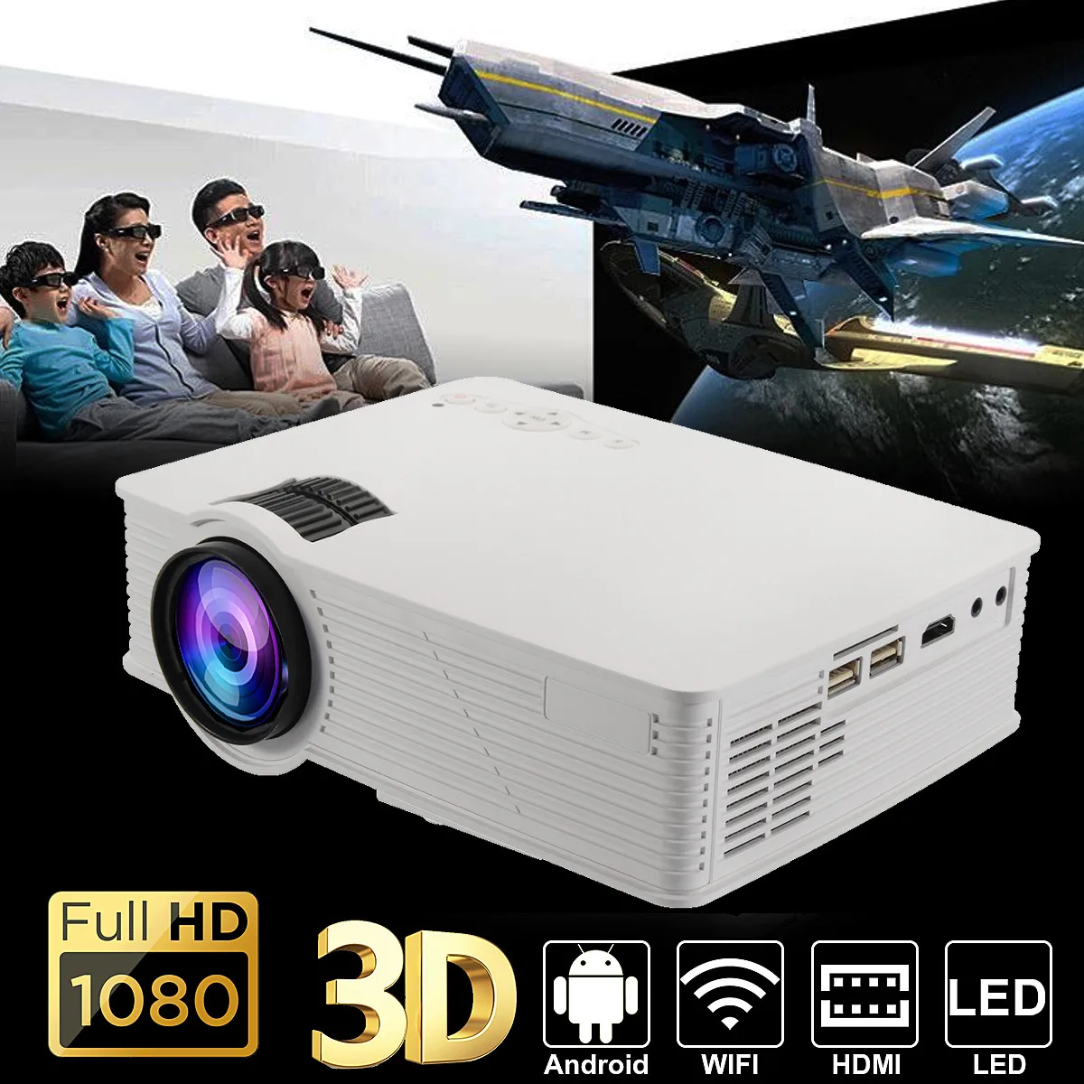 LED WIFI Projector 1080P HD Android4.4 3D Multimedia Beamer for Theater Home Cinema Presentation Video TV Movie with adapter LED WIFI Projector 1080P HD Android4.4 3D Multimedia Beamer for Theater Home Cinema Presentation Video TV Movie with adapter