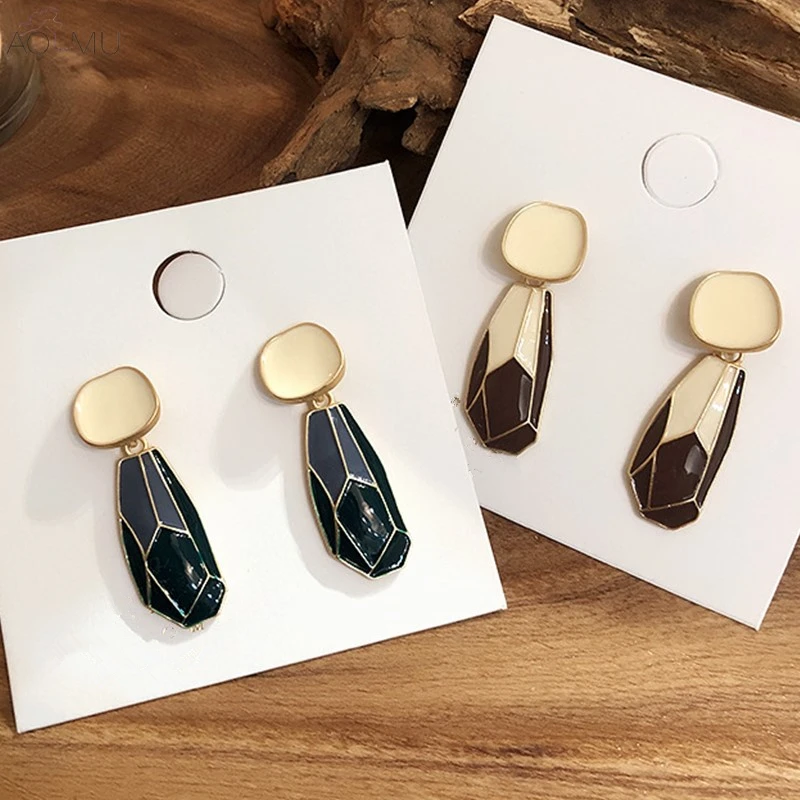 

AOMU Korea New Design Vintage Hit Color Metal Geometric Irregular Enamel Drop Earrings for Women Girl Party Jewelry Brincos