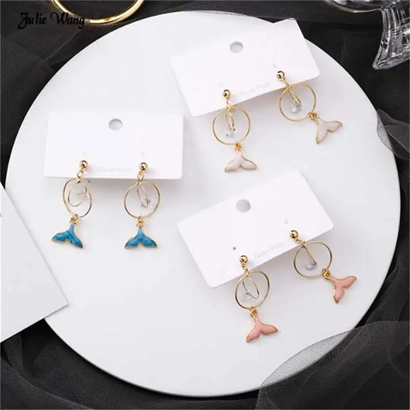 

Julie Wang 1 pair Alloy Enamel Mermaid Tail Pendant Earrings Circle Charms Statement Dangle Earrings For Women Girl Jewelry