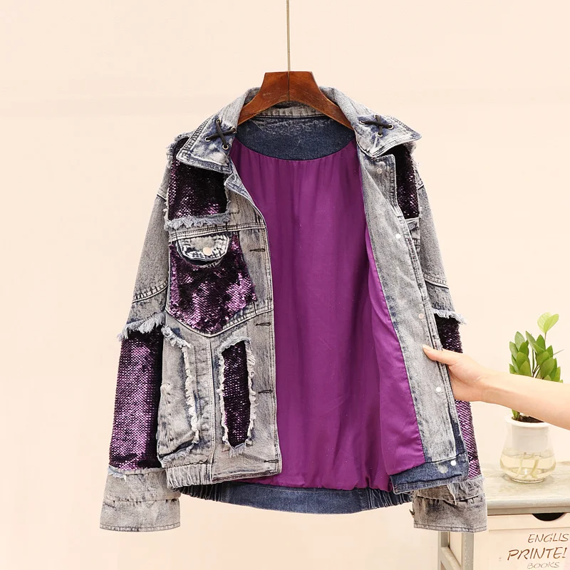 Neploe Новая Осенняя джинсовая куртка для женщин фиолетовые пайетки уличная ковбойская аппликация потертые джинсы пальто Casaco Feminino 53907