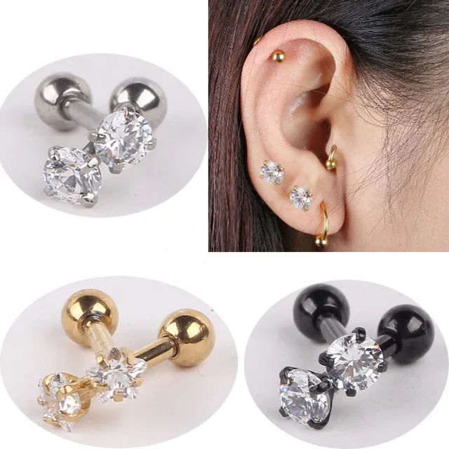 Stainless Steel Ear Piercing Gold Black Titanium Anodized Crystal