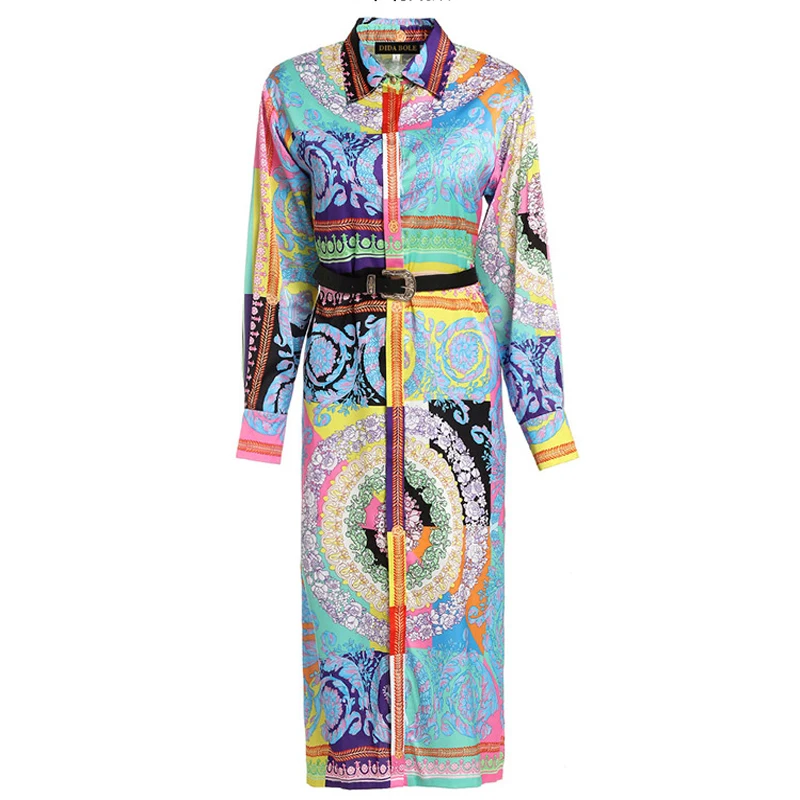 

2019 Spring Summer Folk Ethnic Customes Exotic Showy Print A-Line Lapel Full Sashes Single Breasted Chic Casual Women Midi Dress