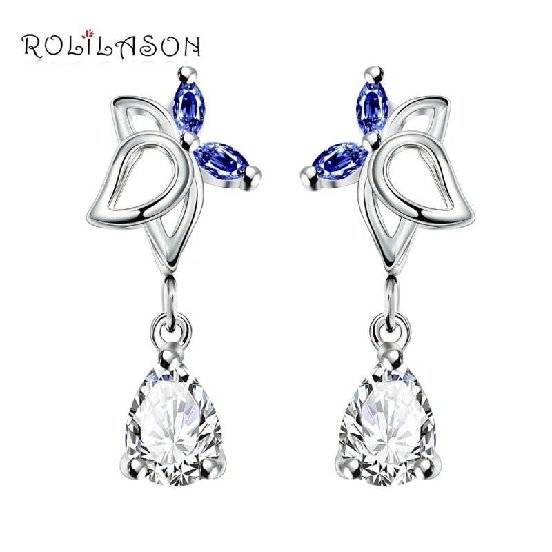 

ROLILASON Anniversary gift Trendy silver Blue Cubic zirconia crystal Jewelry dangle Earrings JES1136