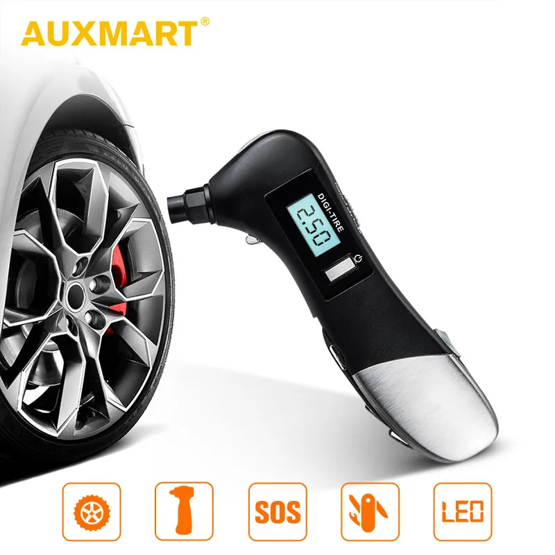 

AUXMART 9 in1 Multifunctional Tyre Pressure Sensor Digital Tire Pressure Alarm Gauge Tpms Systems with LED Flashlight Car Hammer