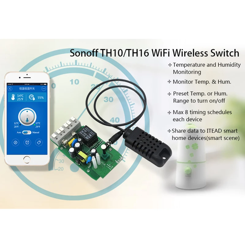 Sonoff TH 16A/10A мониторинг температуры и влажности WiFi умный переключатель Функция синхронизации с AM2301 DS18B20 датчик высокая точность