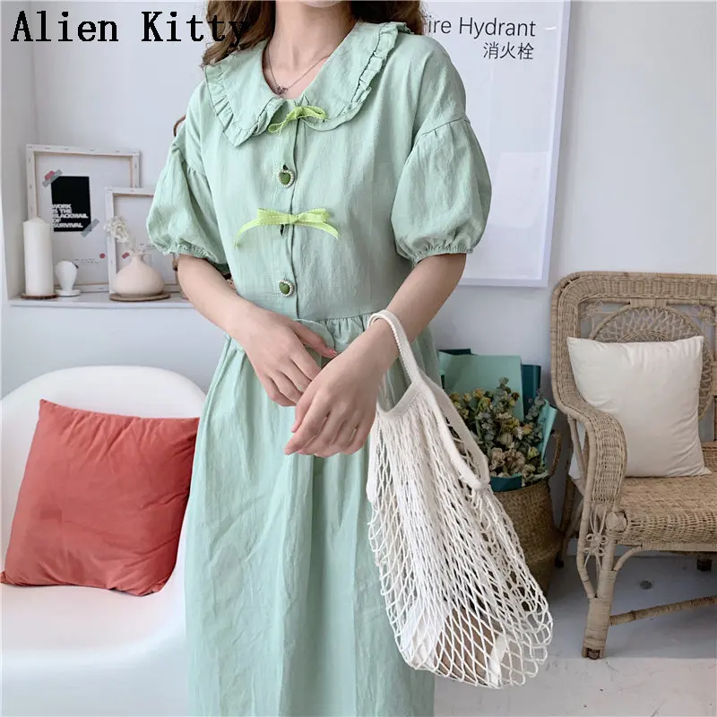 

Alien Kitty Preppy Style Hot Fresh Chic Summer Ruffles Loose High Waist Peter Pan Collar Casual Short-Sleeved Long Green Dress