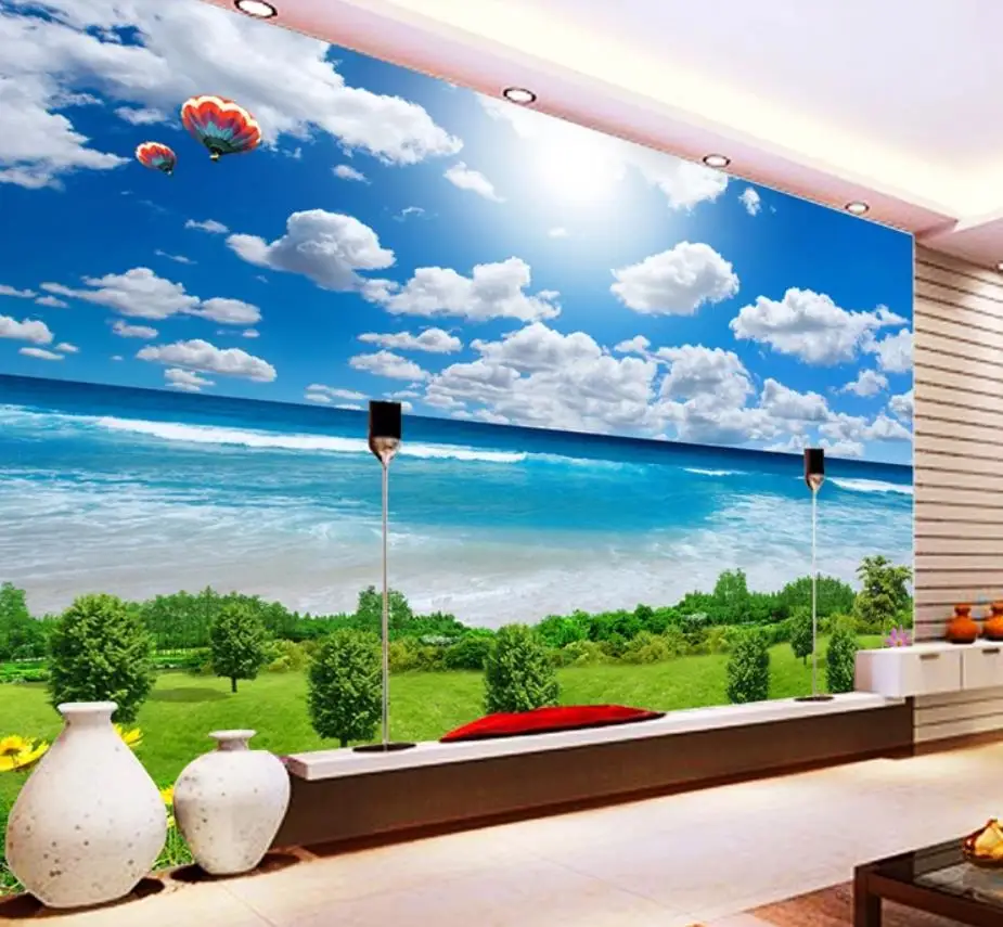 Romantic beautiful blue sky white clouds sea grass background wall modern living room wallpapers Romantic beautiful blue sky white clouds sea grass background wall modern living room wallpapers