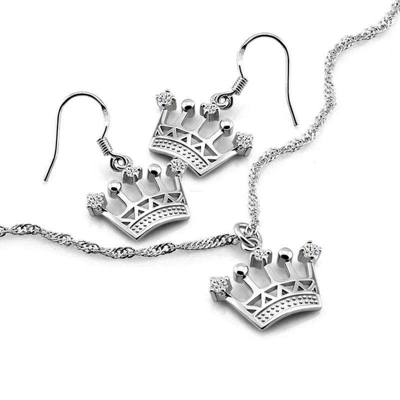 Noble palace style sterling silver jewelry set Solid 925 silver crown necklace earrings set
