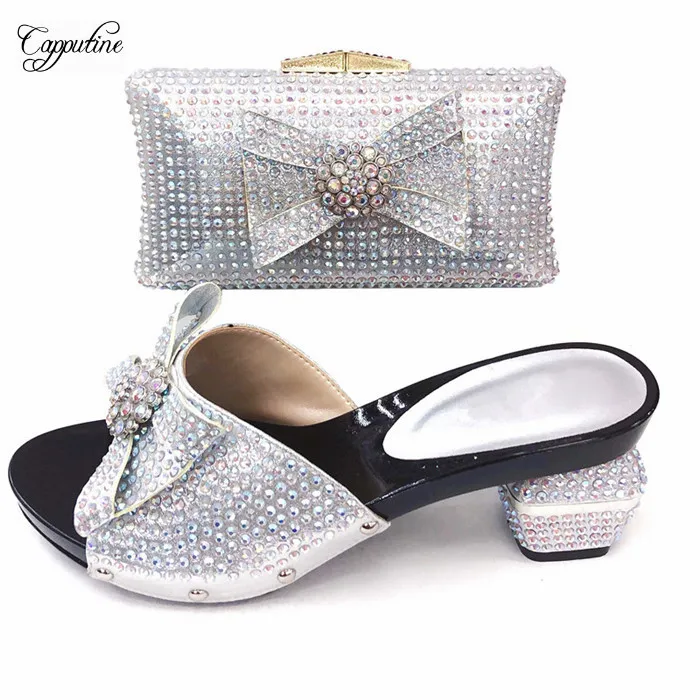 

Fashionable African silver slip-on shoes with evening bag set nice party pumps with purse T1072-1 ,heel height 7.5cm