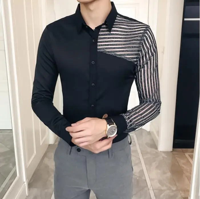 Camisa Masculina See Through Кружева полые мужские рубашки с длинным рукавом Весна 2019 Для мужчин s повседневные тонкие рубашки Fit Ночной клуб chemise homme