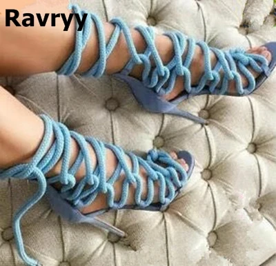 

Nylon Rope Cross-tied Gladiator Thin High Heels Shoes Sky Blue Hollow Out Casual Fashion Sandals