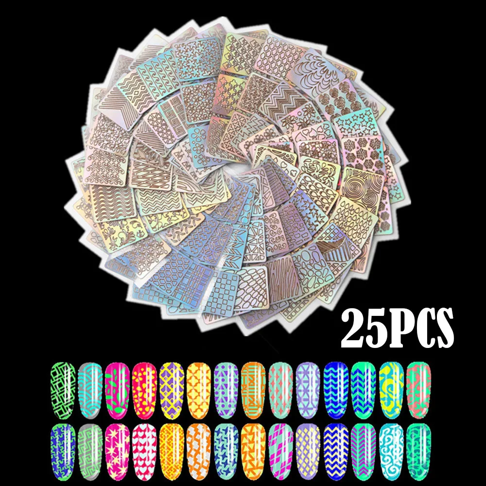 

25 Sheets New Nail Hollow Irregular Grid Stencil Reusable Manicure Stickers Stamping Template Nail Art Tools FD