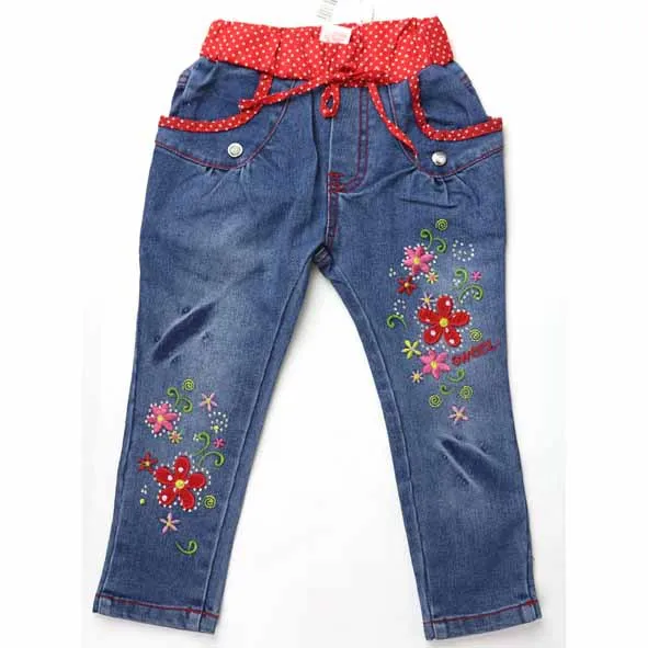 

Kid girls jeans denim trousers multiple flowers embroider rhinestones crystal button red dot elastic waist 2015 (MH 2547)