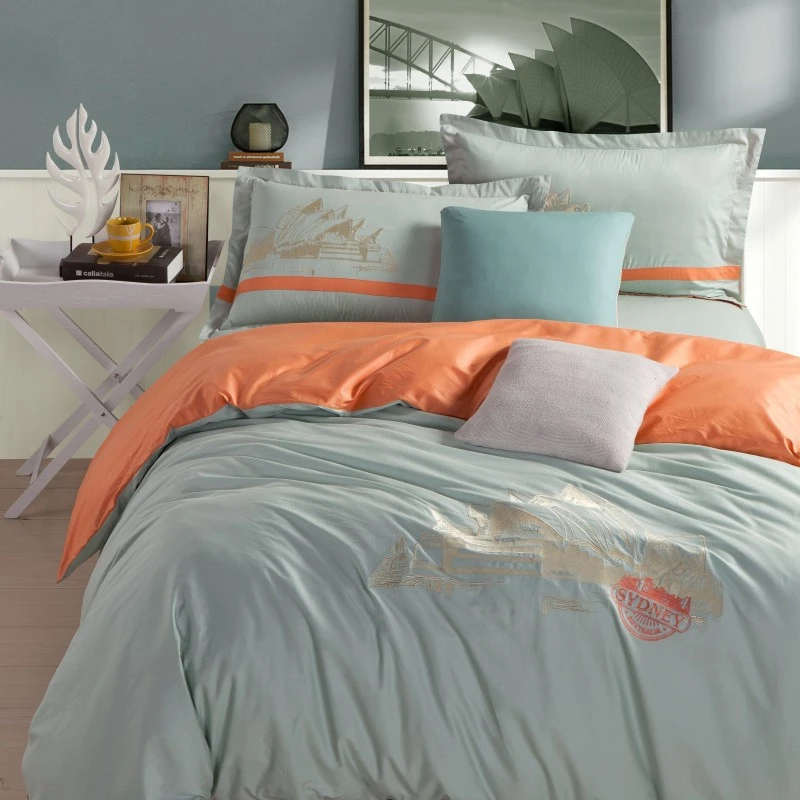 Sydney Opera House Bed Set Literie De Broderie Ensemble Orange Gris 100 Coton Couette Housse De Couette Drap De Lit Taie D Oreiller 40 S Fil 5058 Aliexpress