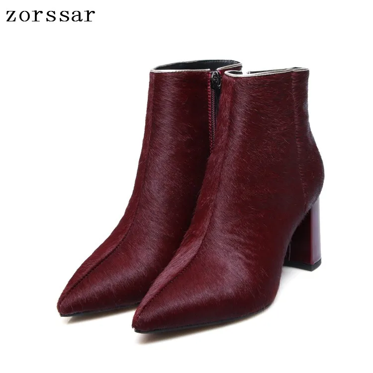 

{Zorssar} 2019 Pointed Toe Heels Women Ankle Boots horse hair Thick High Heel Female short Boots Fashion Winter Women Shoes Warm