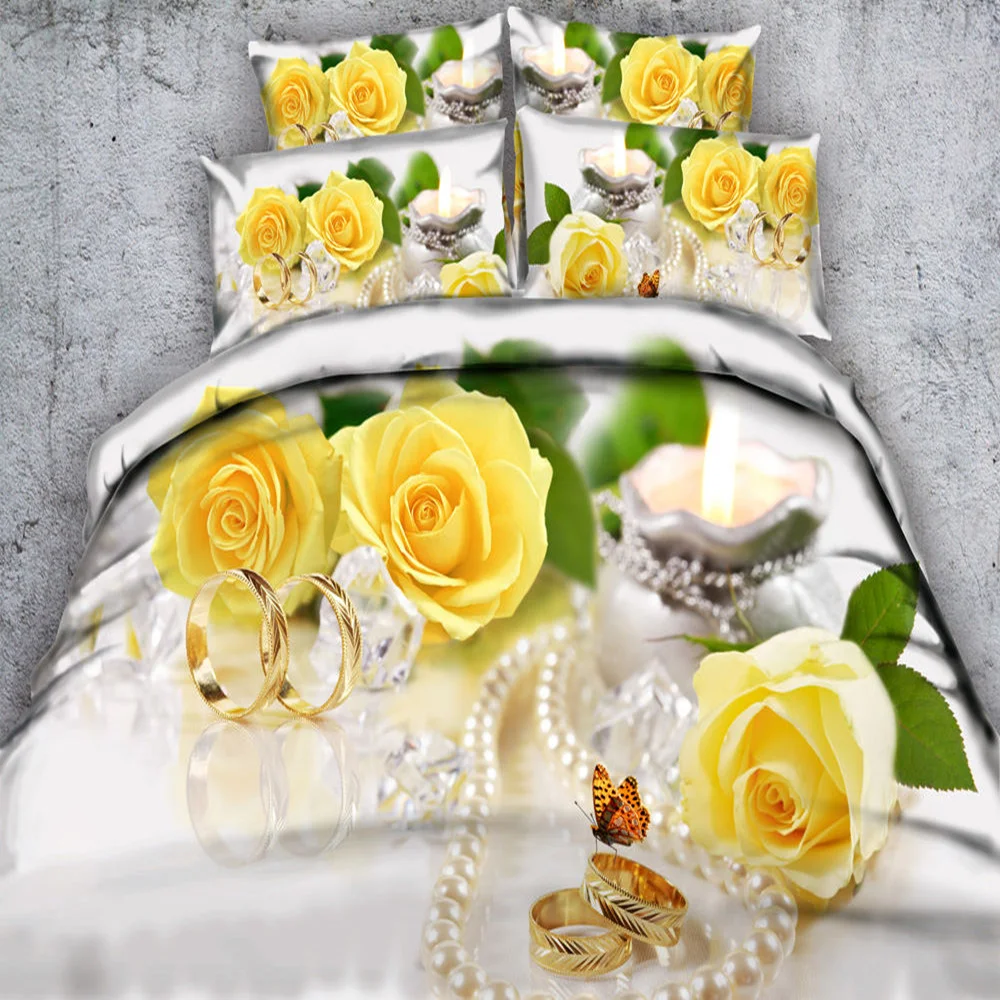 

Yellow Roses Floral Bedding Sets White 3D Duvet Cover Adult/Girls 3/4pc 500TC Full Queen Super King Wedding Beddings Pillow case