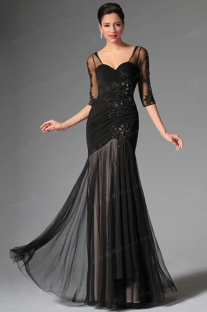Customized Size Mermaid Black Evening Dress With Sleeves Cut Back Customized Size Mermaid Black Evening Dress With Sleeves Cut Back Beaded Prom Gown