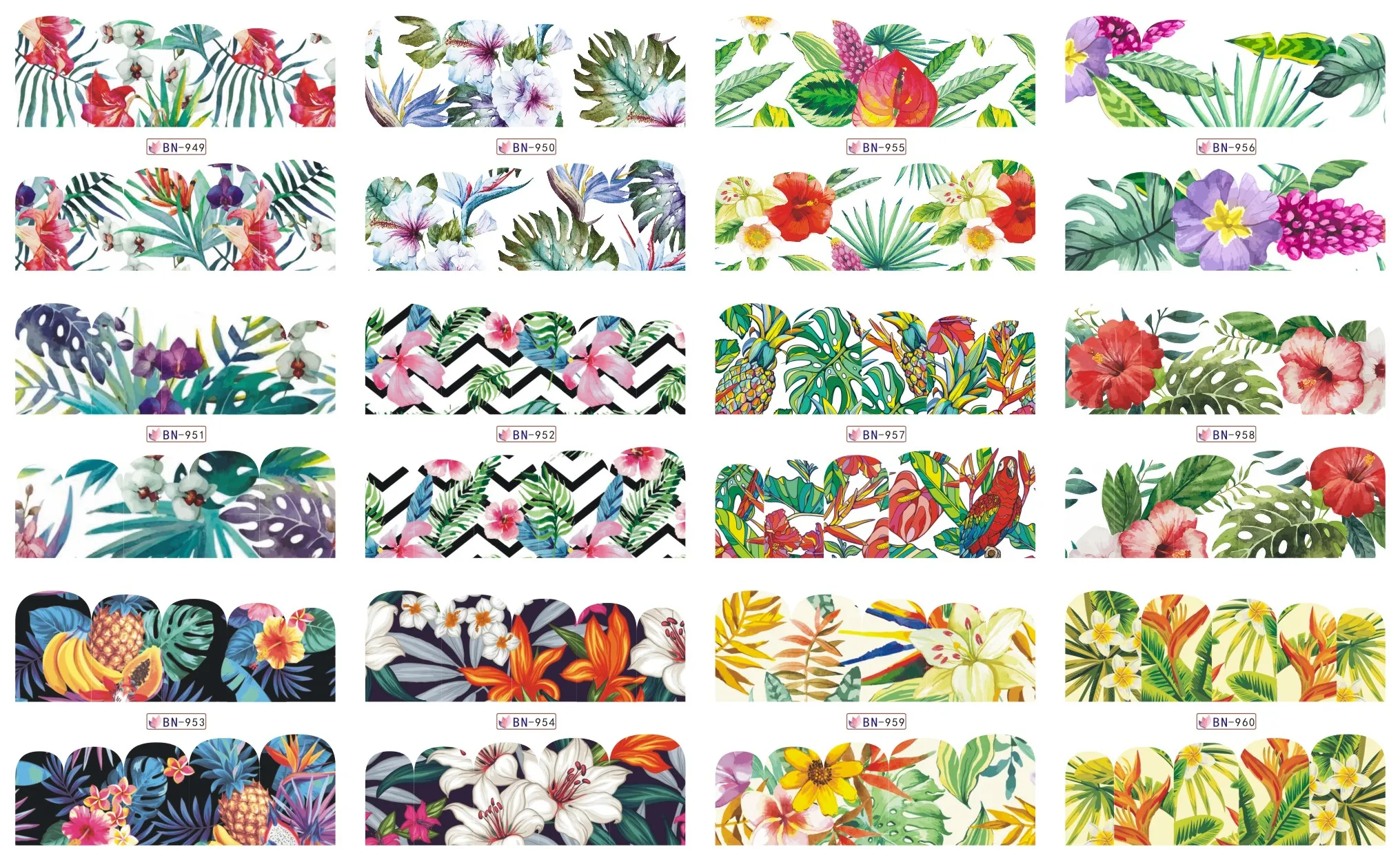 

12 Sheets/Lot Nail BN949-960 Full Cover Wrap Flower Parrot Pineapple Nail Art Water Decals Stickers Wrap Tip Decoration