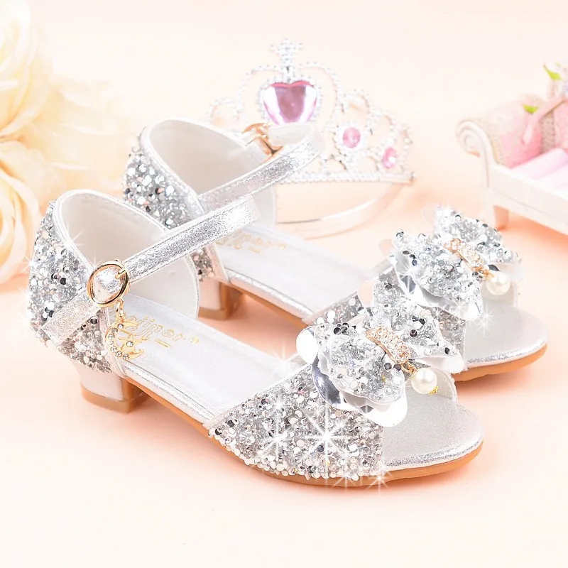 2019 Girls Rhinestone Open-toed High-Heeled Sandals, Kids Bow-knot Pearl Performance Dance Princess Glitter Shining Summer Shoes (5)
