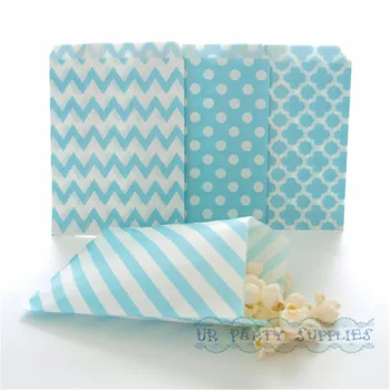 

500pcs Light Blue Paper Party Bags Stripe Chevron Spanish Tile Polka Dot Bulk Party Supplies Candy Buffet Favor Bags
